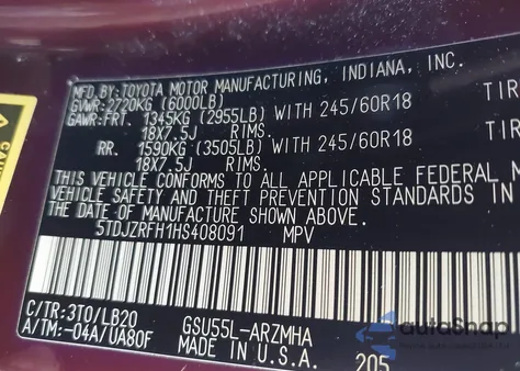 2017 Toyota Highlander Se/Xle из США, поврежденный, VIN 5TDJZRFH1HS408091